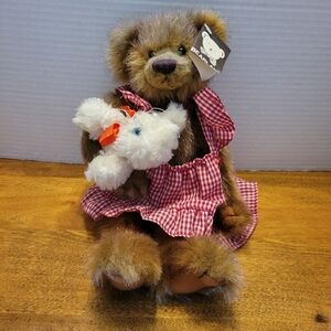Bearland Jointed Brown Bear with Red Checkered Dress And Cat Kitten NWT